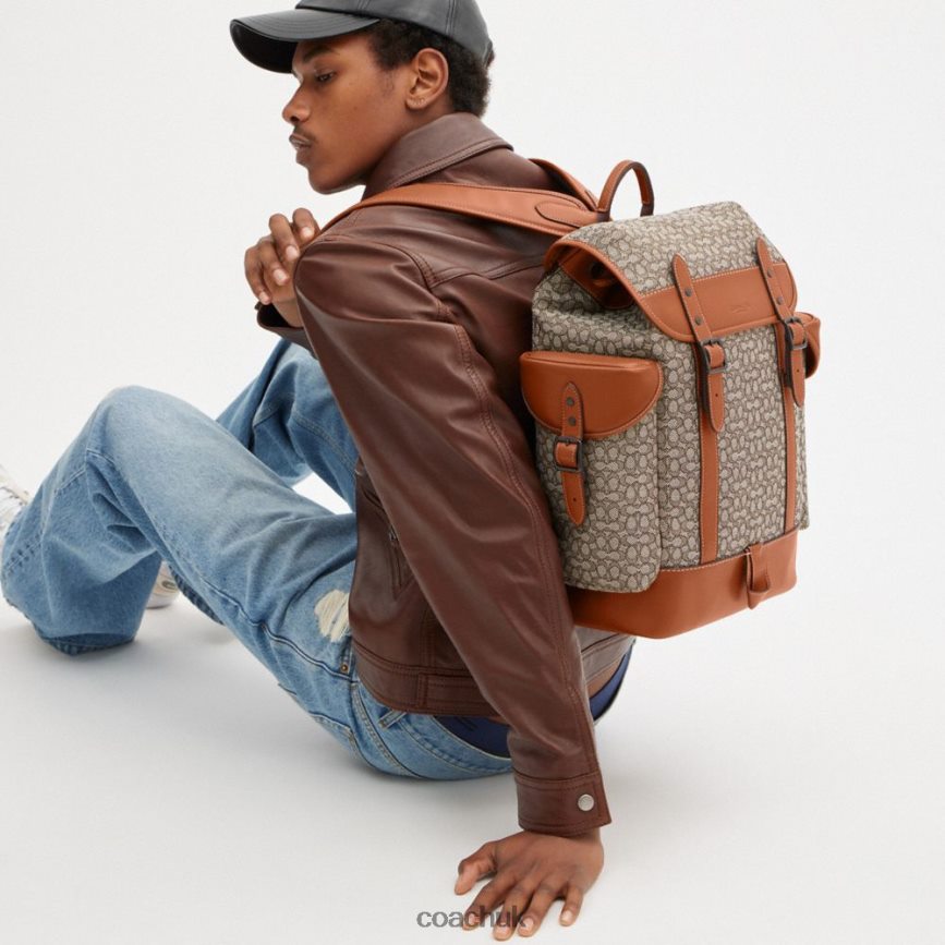 Coach Men HITCH BACKPACK IN MICRO SIGNATURE JACQUARD Cocoa/Burnished Amber D0DL44683