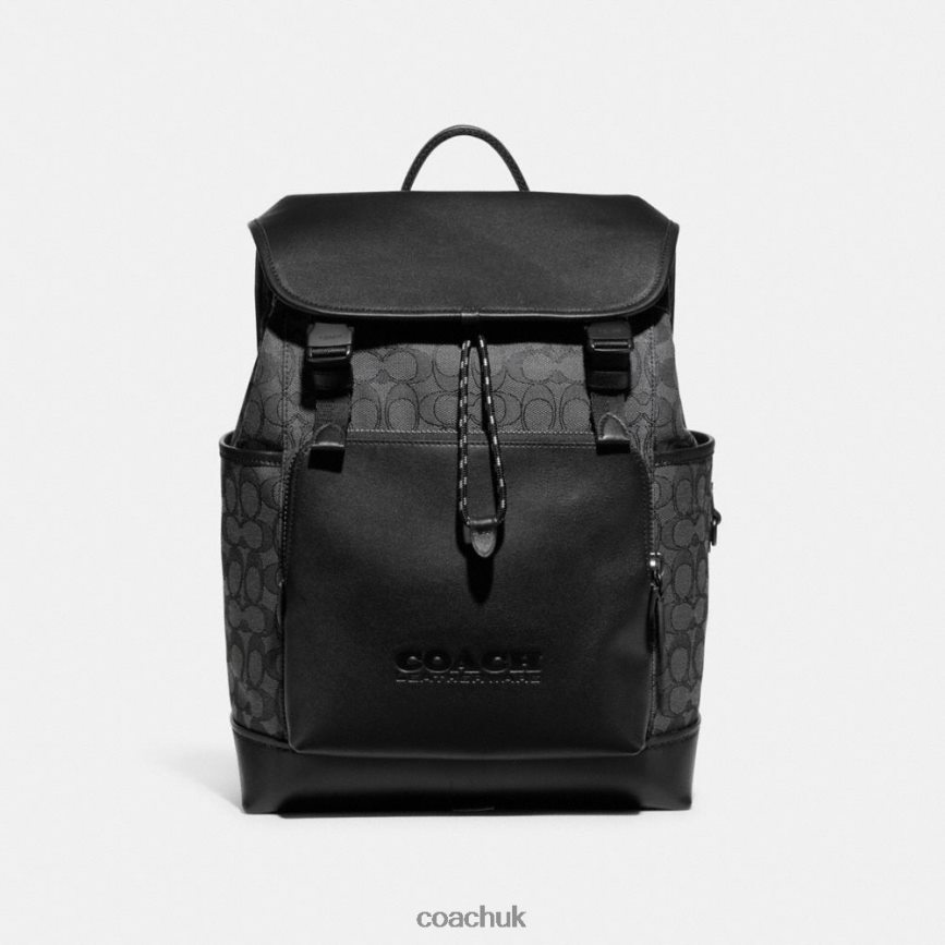 Coach Men LEAGUE FLAP BACKPACK IN SIGNATURE JACQUARD Charcoal/Black D0DL44684