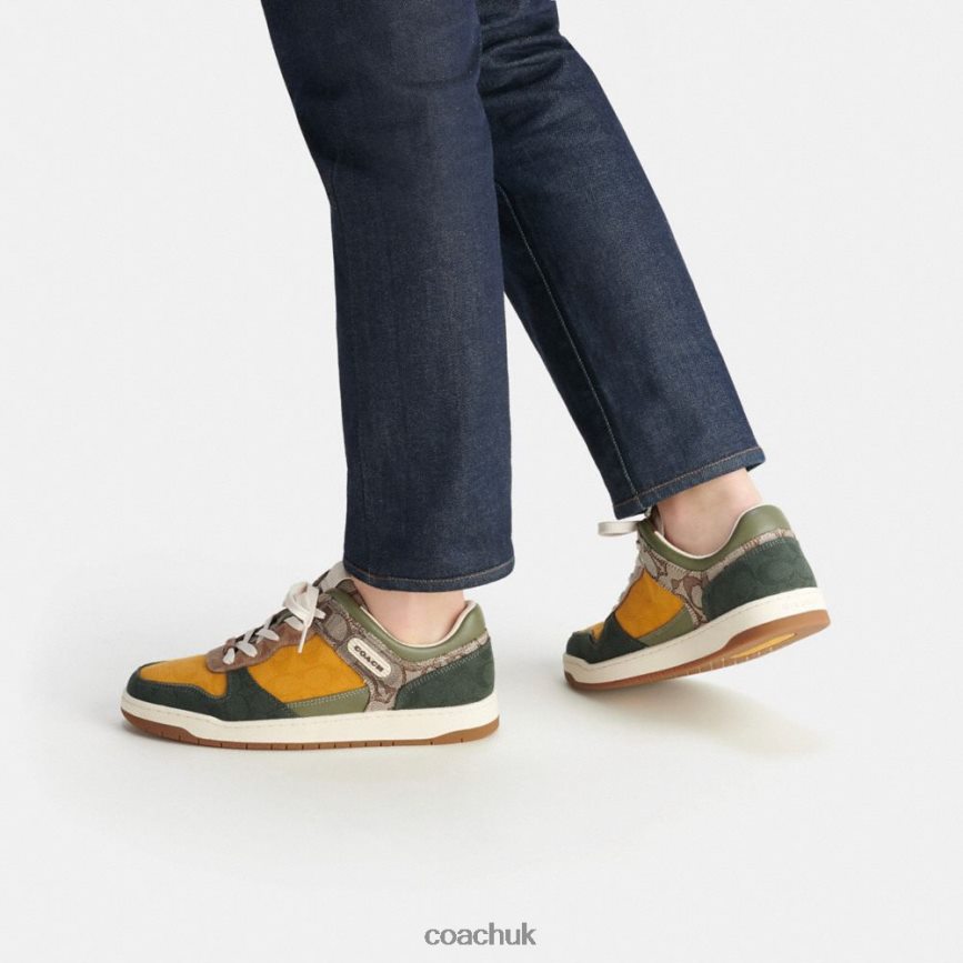 Coach Men C201 SNEAKER IN MIXED SIGNATURE FABRIC Oak/Buttercup/Amazon Green D0DL44746