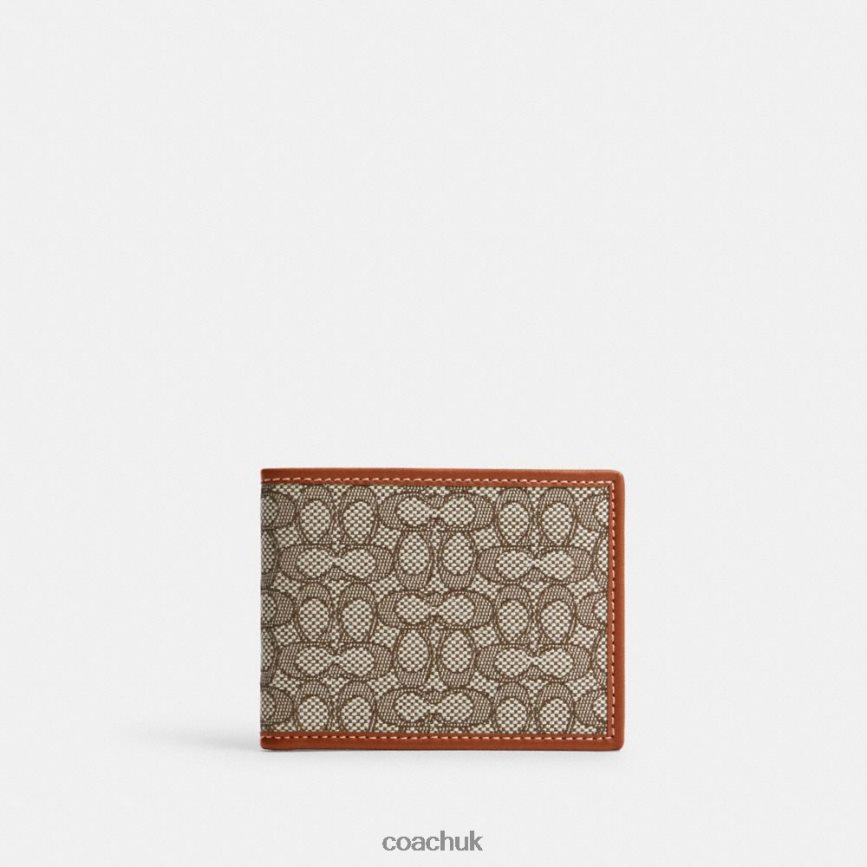 Coach Men SLIM BILLFOLD WALLET IN MICRO SIGNATURE JACQUARD Cocoa/Burnished Amber D0DL44709