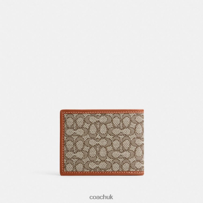 Coach Men SLIM BILLFOLD WALLET IN MICRO SIGNATURE JACQUARD Cocoa/Burnished Amber D0DL44709