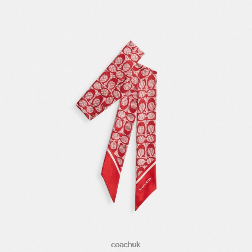 Coach Women VINTAGE SIGNATURE PRINT SILK SKINNY SCARF Sport Red D0DL44546