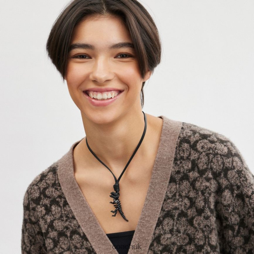 Coach Women SKELETAL REXY LEATHER NECKLACE Black D0DL44535