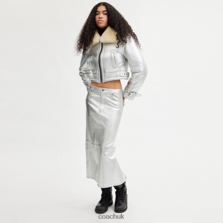 Coach Women METALLIC LEATHER LONG SKIRT Silver Multi. D0DL44507