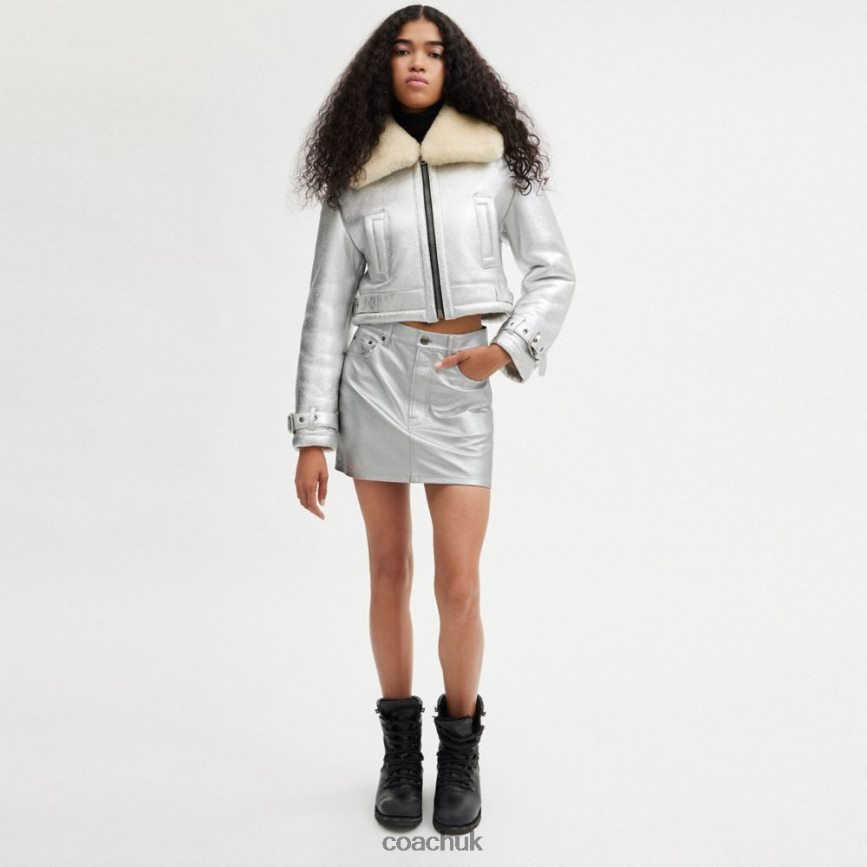 Coach Women METALLIC LEATHER MINI SKIRT Silver D0DL44510