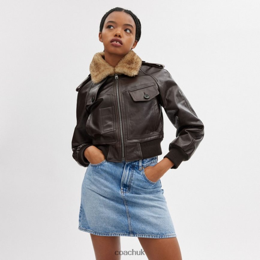 Coach Women CROPPED LEATHER JACKET Brown D0DL44435