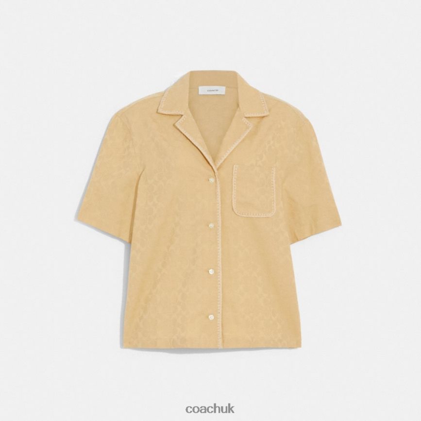 Coach Women SIGNATURE JACQUARD CROCHET TRIM SET BUTTON DOWN SHIRT Tan Signature D0DL44500