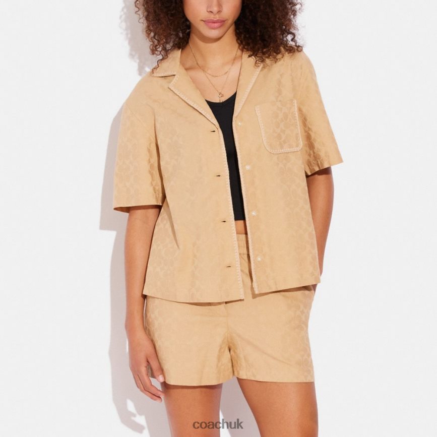 Coach Women SIGNATURE JACQUARD CROCHET TRIM SET BUTTON DOWN SHIRT Tan Signature D0DL44500