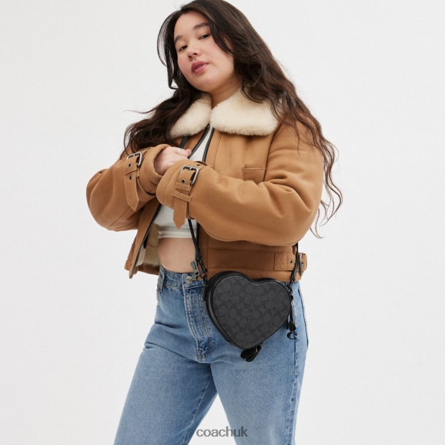 Coach Women HEART CROSSBODY IN SIGNATURE CANVAS MW/Charcoal/Black D0DL44205